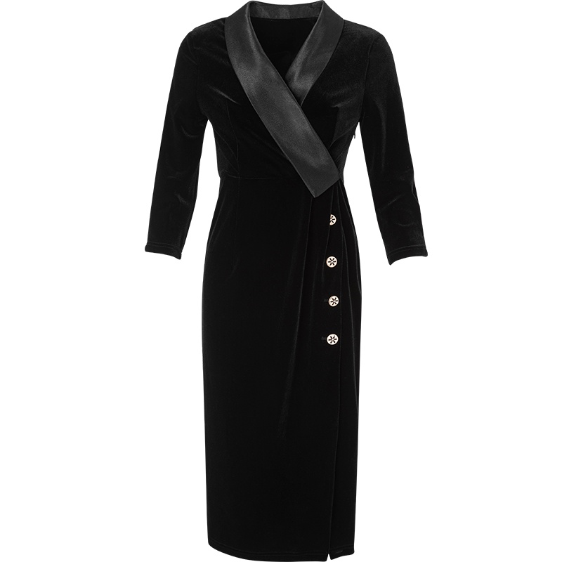 晚白2021春季新品时尚职业修身显瘦V领高腰包臀裙丝绒裙连衣裙女