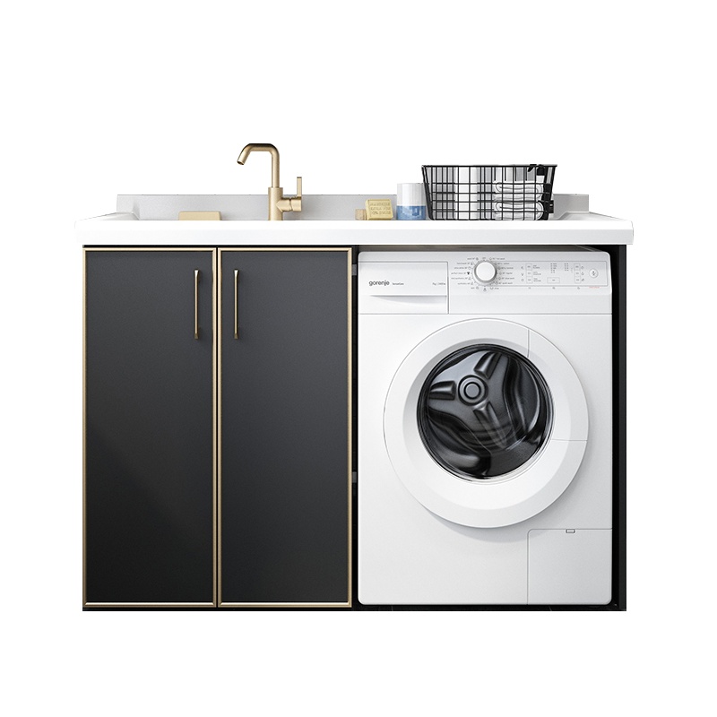 帝宏轻奢阳台免漆实木 洗衣机柜 组合洗衣机一体柜伴侣带搓衣板洗衣池槽 浴室柜 洗衣池台盆柜组合高低盆切角全尺寸定制套装