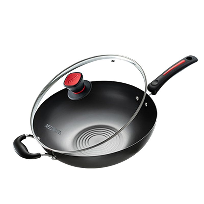 爱仕达(ASD)炒锅 铁锅无涂层34cm精熟铁炒菜锅燃气炒煎锅可爆炒 有盖WG8334ZT