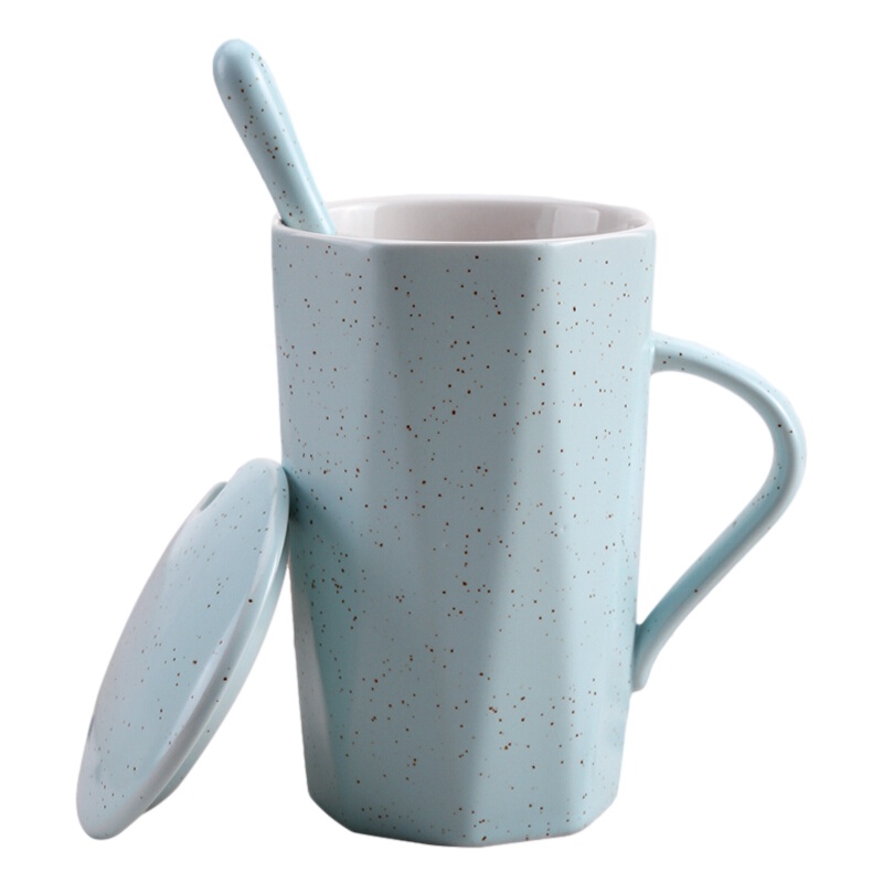 贝瑟斯 简约办公室喝水杯子男 马克杯带盖带勺陶瓷杯 创意牛奶杯 菱形咖啡杯 情侣杯 早餐杯茶杯 蓝色