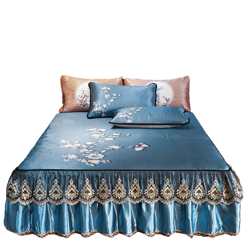 吉岳Giyou冰丝席床裙三件套 刺绣蕾丝工艺 夹棉绗缝冰丝面料 床裙枕套三件套床裙冰丝席 可水洗冰丝床裙三件套