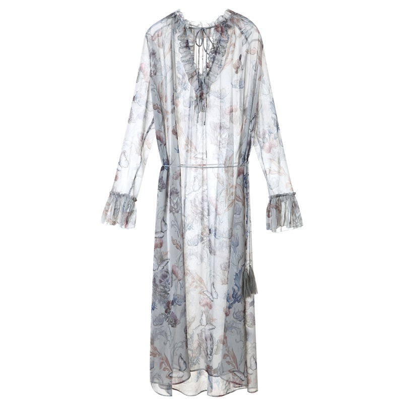 裂帛雪纺印花连衣裙夏新款很仙的法国小众度假长袖花边裙子