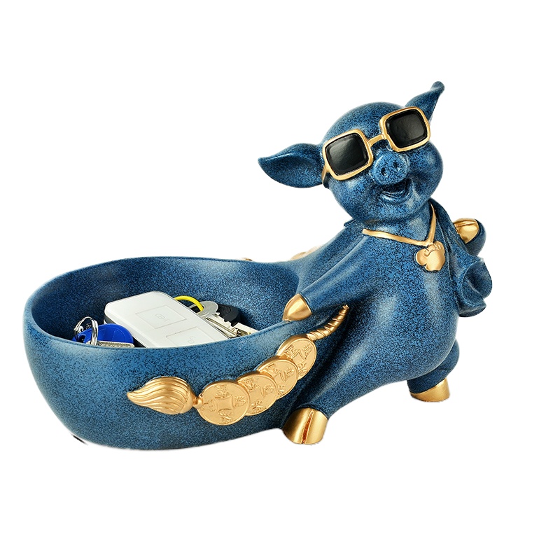 创意乔迁放口简约鞋柜玄关钥匙收纳盒北欧装饰摆件家居饰品 小号蓝福袋猪