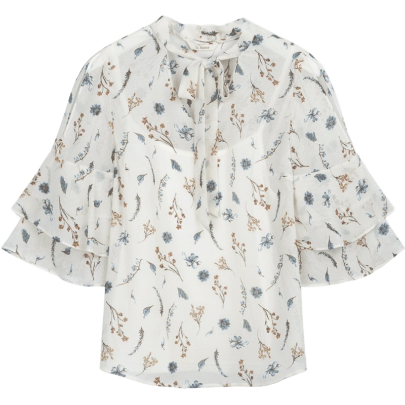 拉夏贝尔拉贝缇夏装新款韩版仙女气质淑女小衫一字领雪纺衫上衣