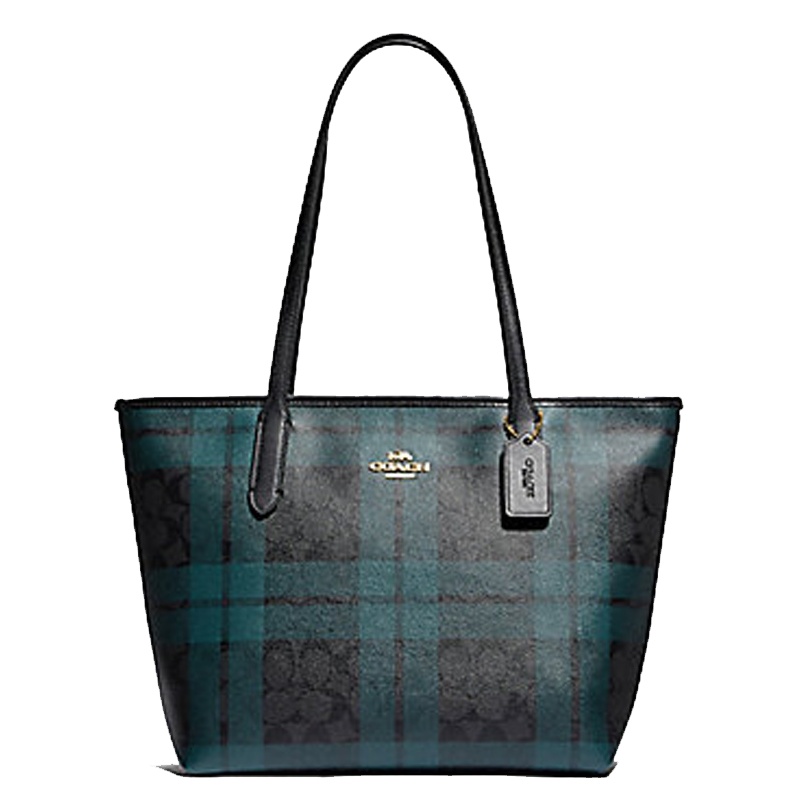 [直营] 蔻驰(COACH) ZIP TOP TOTE女士经典拉链格纹涂层帆布单肩包斜挎包托特包女包