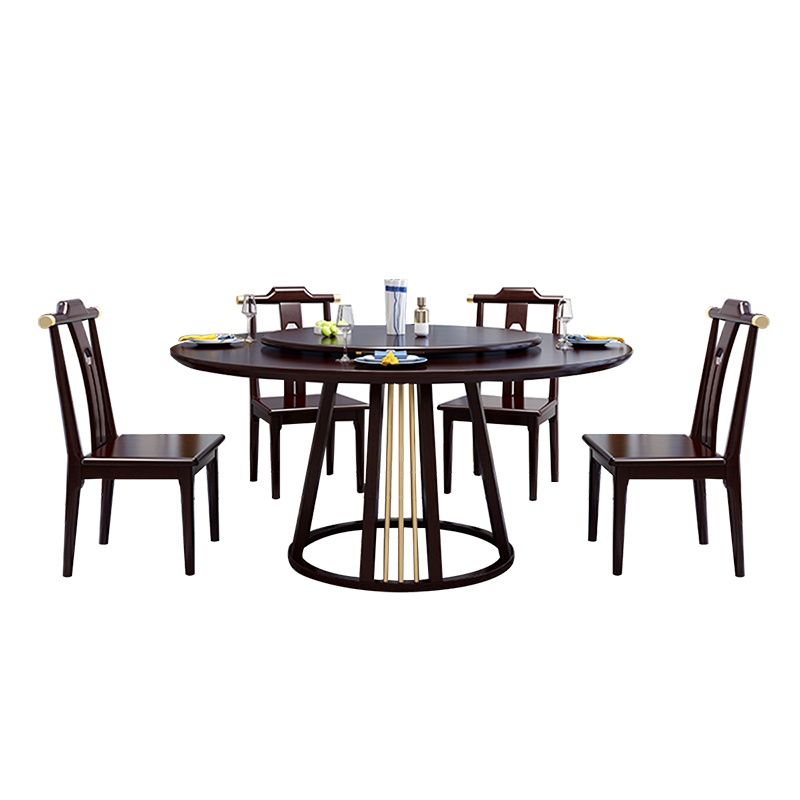月影梳桐新中式实木餐桌椅组合家用圆桌台带转盘8人餐厅家具现代风格