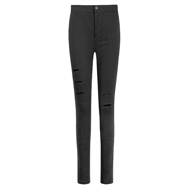 拉夏贝尔破洞打底裤女外穿秋季显瘦铅笔裤黑色紧身小脚裤子60006331