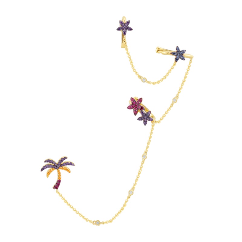 apm MONACO金黄色单只花卉与棕榈树耳夹女士 热带风时尚耳骨夹链条耳扣银耳饰