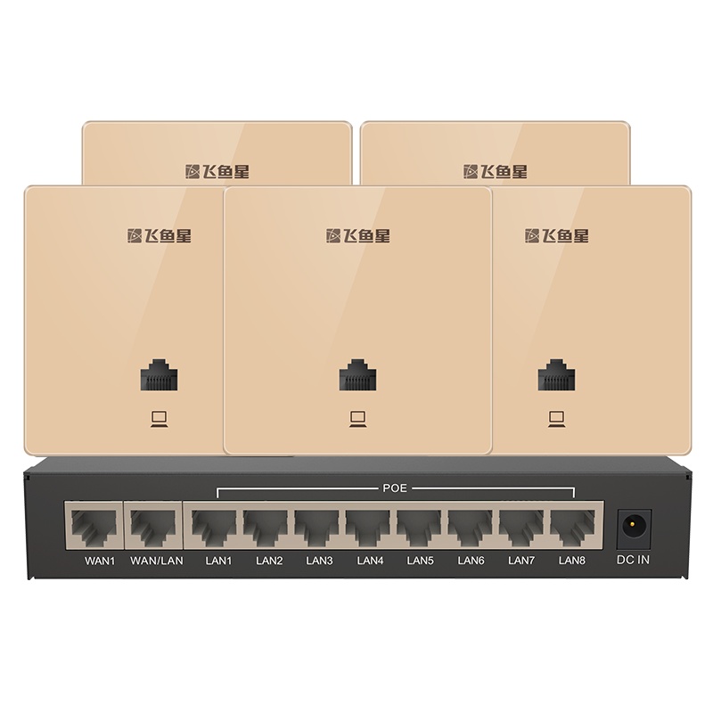 飞鱼星 1200M千兆智能组网面板AP套装 分布式WiFi路由 复式别墅无线覆盖(千兆AC+千兆面板AP*5)香槟金