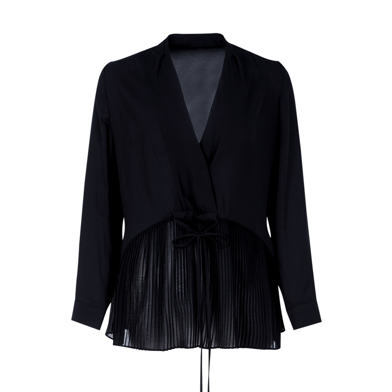 晚白女上装新款职业通勤纯色V领系带收腰百褶上衣雪纺衫衬衫