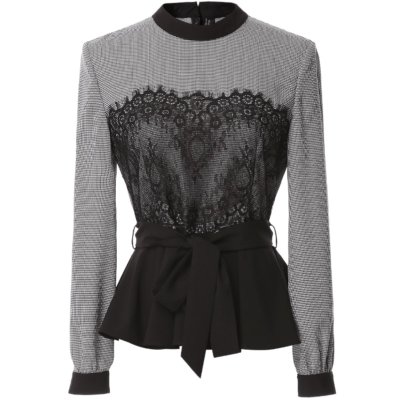 欧昵雪秋装半高圆领千鸟格荷叶边拼接蕾丝收腰上衣女长袖