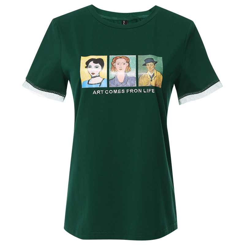 欧昵雪人像图案字母绣花网纱拼接短袖圆领T恤女上衣