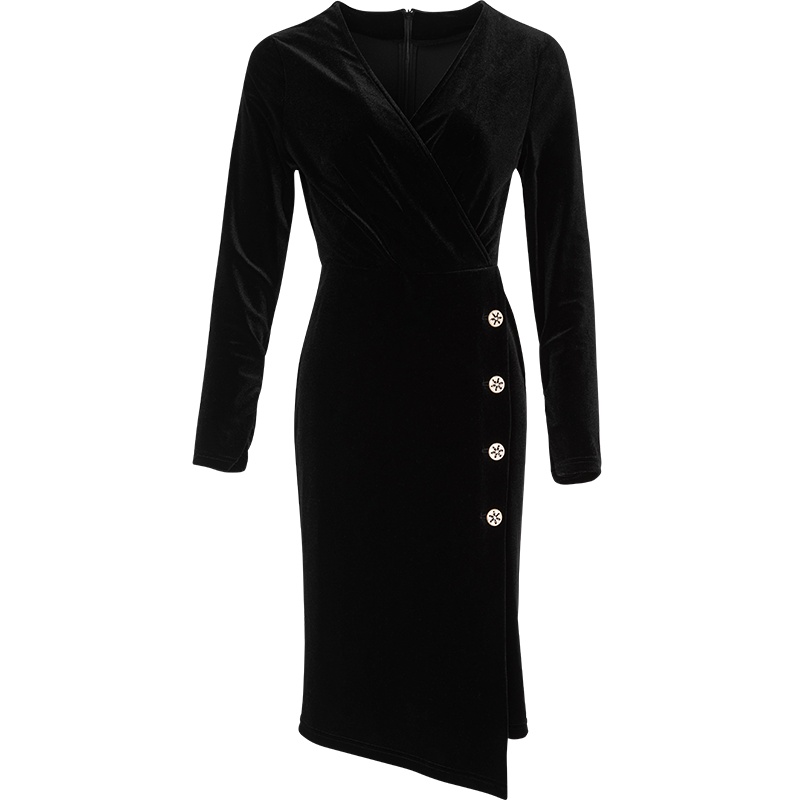 晚白2021春季新品简约通勤V领高腰修身显瘦包臀裙丝绒连衣裙女