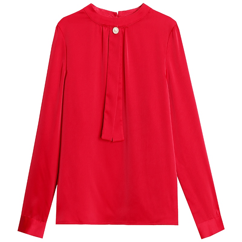 恒源祥纯色衬衫女春秋圆领长袖垂感衬衣飘带装饰OL上衣复古宫廷风