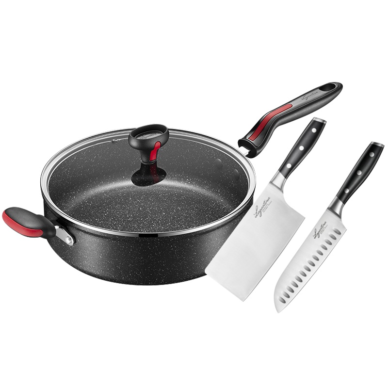 拉歌蒂尼赫利刀具三德刀切菜刀利尼亚.磐石28厘米长短柄不粘煎炒锅深煎锅少油烟易清洗燃气电磁炉通用三件套