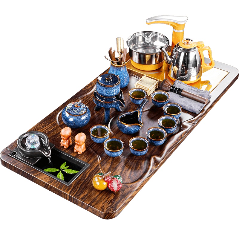 功夫茶具套装家用陶瓷茶杯茶壶整套自动石磨流水茶盘办公会客茶台 井中月自动茶具配曲流仿酸枝全自动