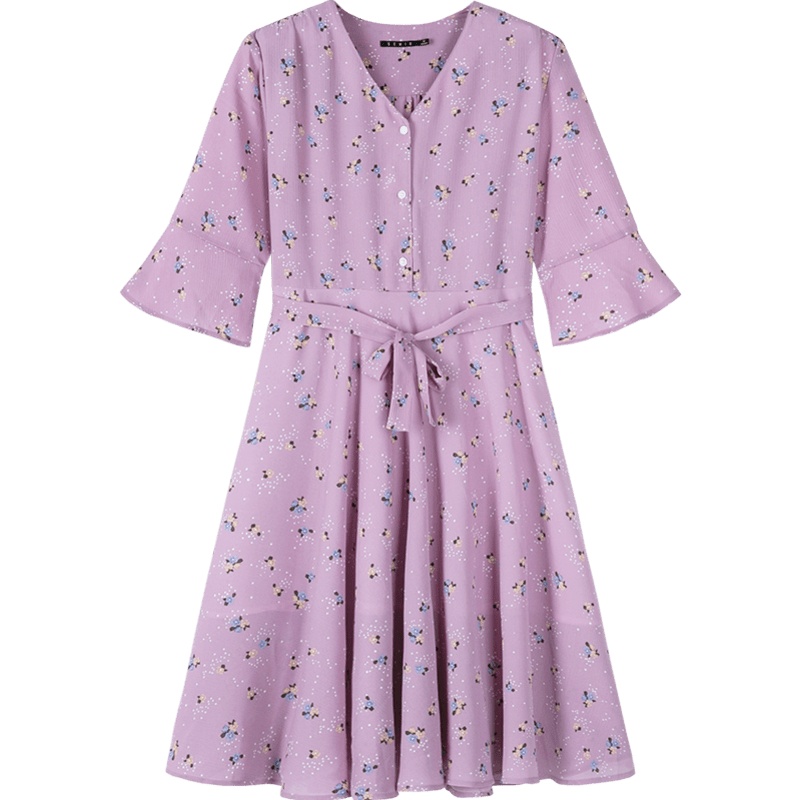 森马V领连衣裙女夏季喇叭袖碎花雪纺裙有内衬法国复古裙