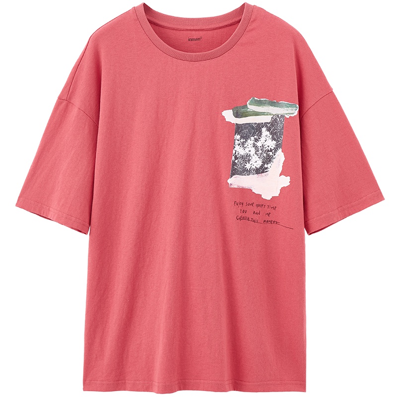 茵曼T恤女2019秋装新款纯棉圆领落肩袖印花宽松百搭中袖文艺上衣