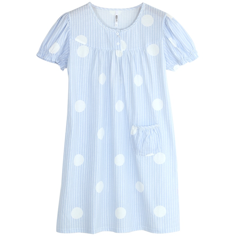 红豆居家(Hodohome) 春夏女士纯棉印花短袖睡裙女式波点娃娃睡裙领可外穿