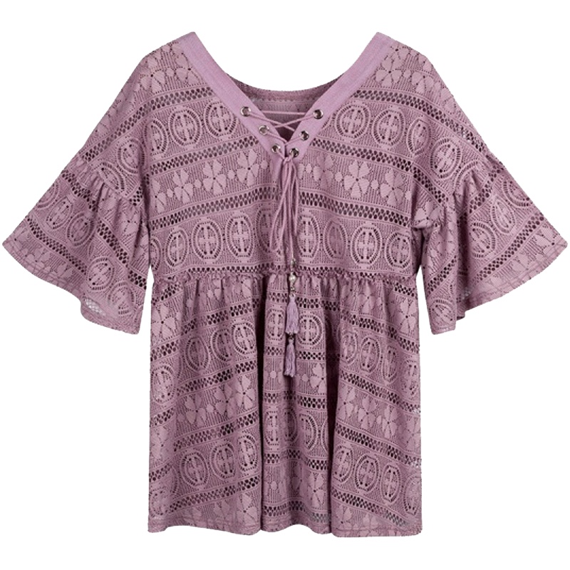 拉夏贝尔夏季新款性感镂空蕾丝衫宽松v领短袖雪纺衬衫女 白色 S