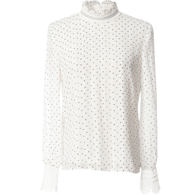 欧昵雪木耳边立领爱心波点印花雪纺衫女花边长袖上衣