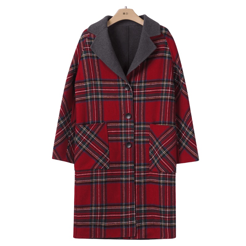 晩白 新品英伦格子减龄宽松单排扣中长款羊毛呢大衣外套
