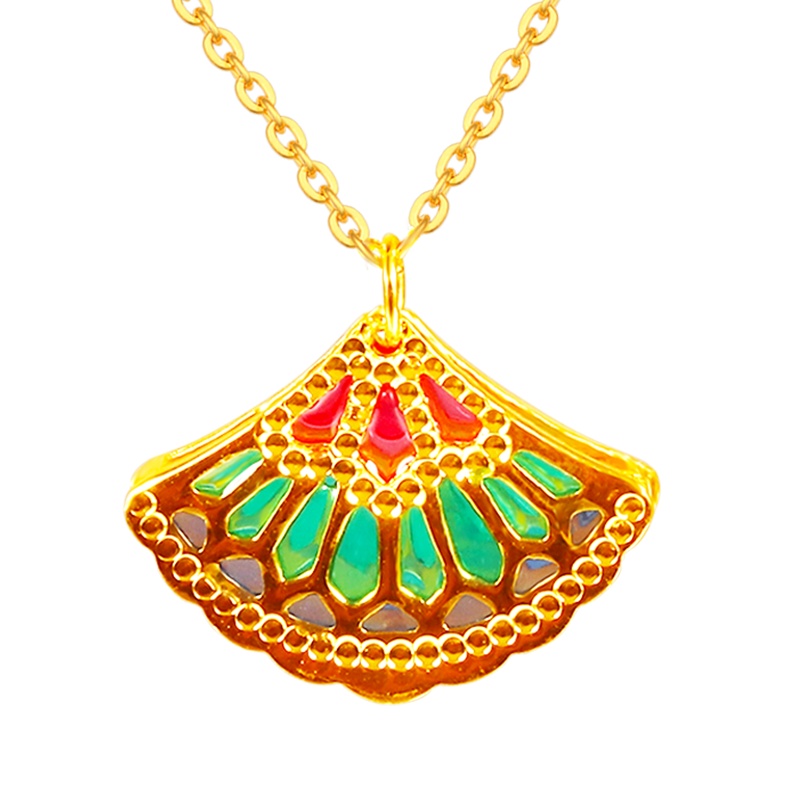 黄金码头5G足金999高温空窗珐琅扇子吊坠珠子耳坠女送爱人表白