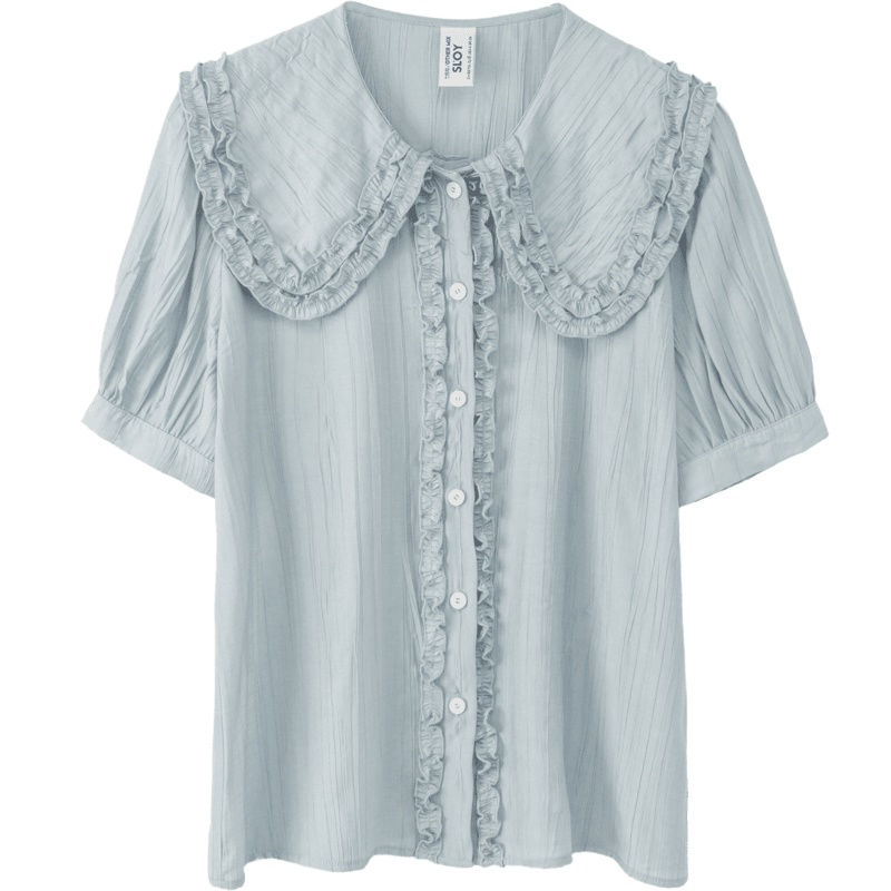 OtherMix木耳边娃娃领雪纺衫2021年夏季新款泡泡袖开衫短袖女上衣