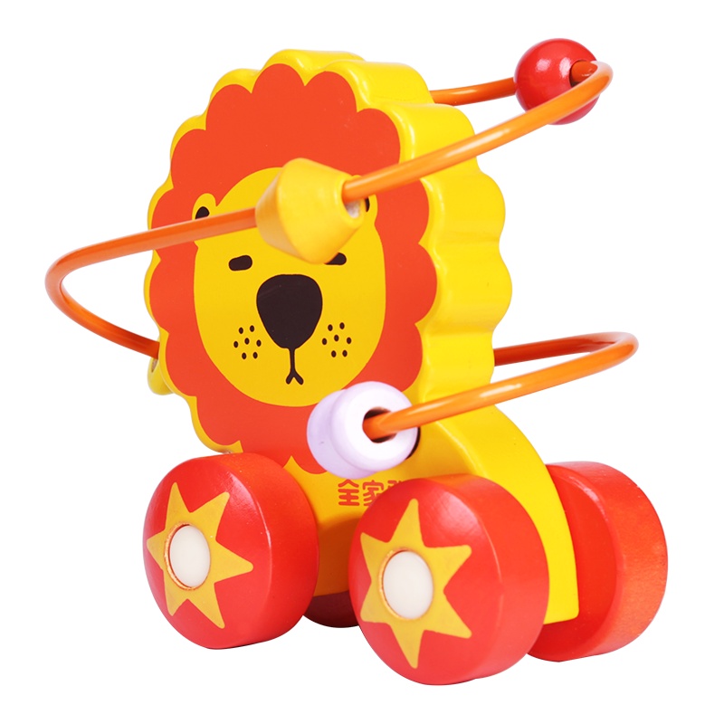 木玩世家婴幼儿木质绕珠串珠小推车宝宝启蒙益智早教玩具1-2-3岁迷你绕珠-狮子Q2602A