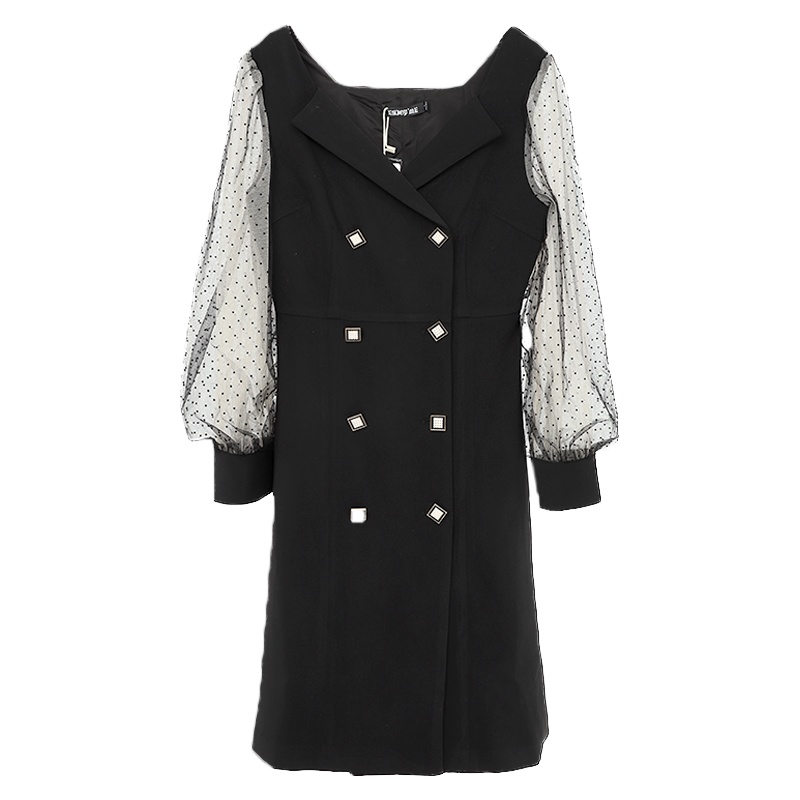 ENJOY'ME女装2020春季新品V领网纱灯笼袖双排扣A字裙摆连衣裙