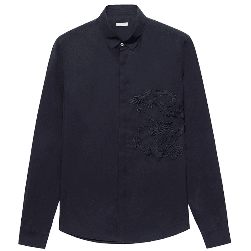 鄂尔多斯ERDOS 春夏纯棉刺绣舒适时尚休闲男士长袖衬衫