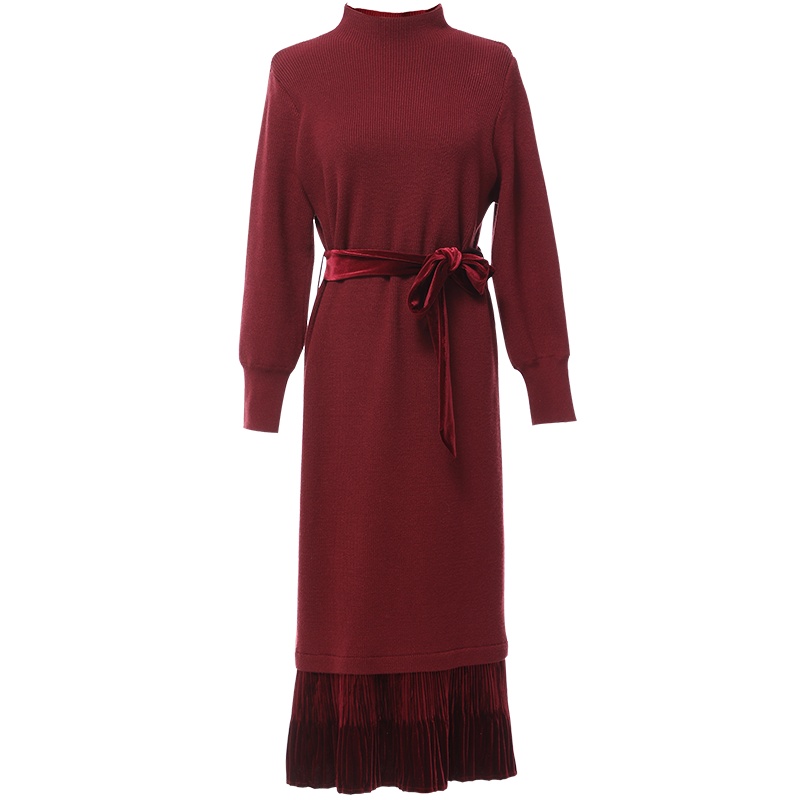 欧昵雪秋冬季半高领收腰拼接丝绒过膝毛衣裙女针织连衣裙