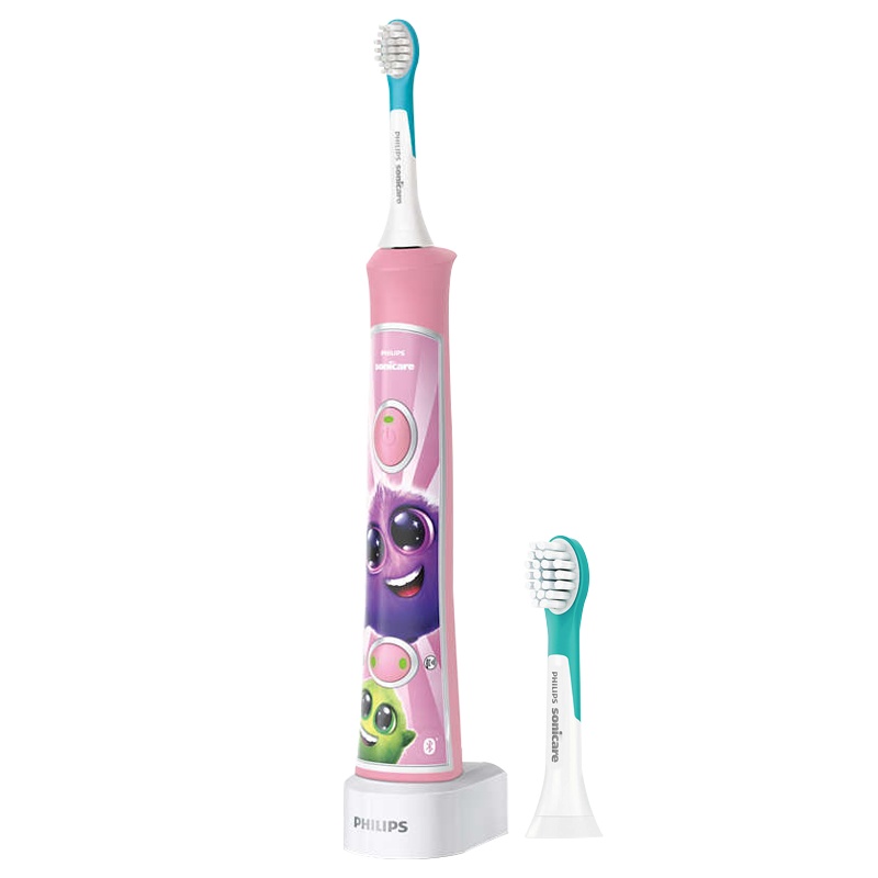 飞利浦(PHILIPS)儿童专用电动牙刷声波震动式 蓝牙版充电式牙刷31000次/分钟 内含2支刷头 HX6352粉色