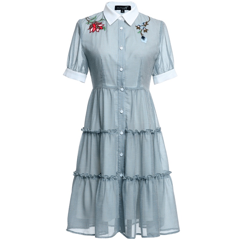 欧昵雪高腰蛋糕裙韩版格子绣花翻领衬衫连衣裙女