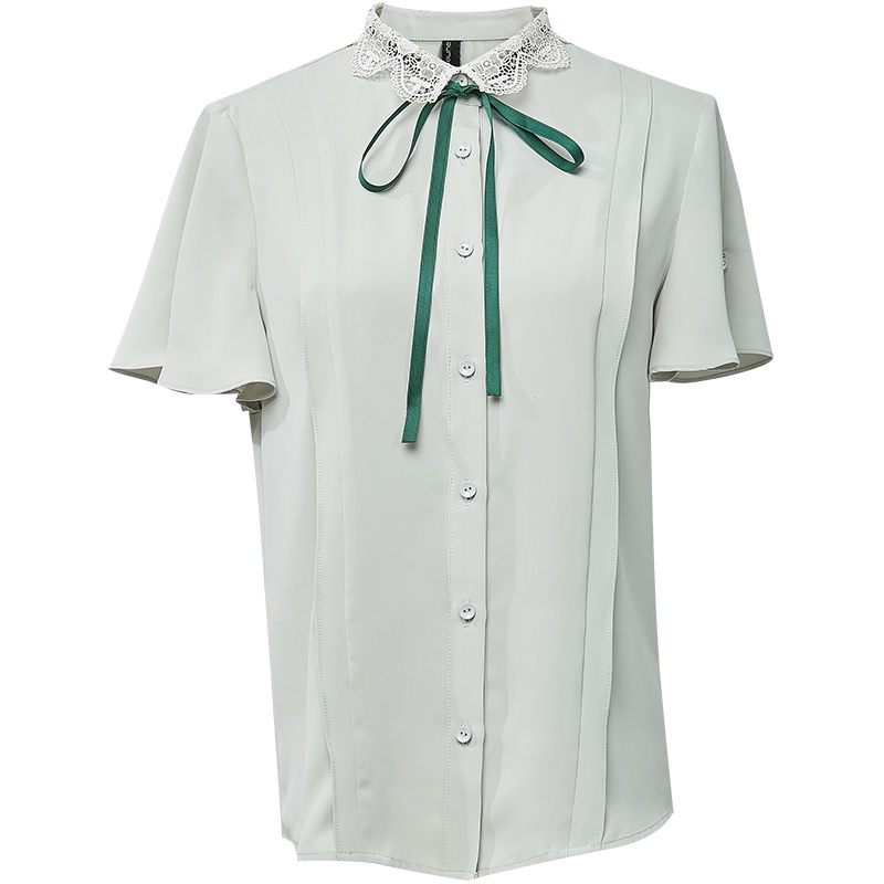 欧昵雪夏季翻领蕾丝蝴蝶结拼接荷叶袖修身衬衫女显瘦衬衣