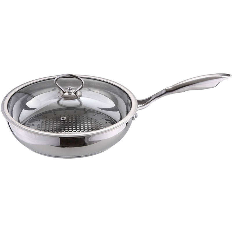 KMW晶工平底煎炒锅28cm 透明玻璃锅盖 防焦糊防烟304不锈钢煎炒锅煎饼煎蛋不粘锅燃磁通用