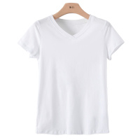 晩白 新品时尚简约纯色V领短袖显瘦休闲百搭T恤衫上衣女
