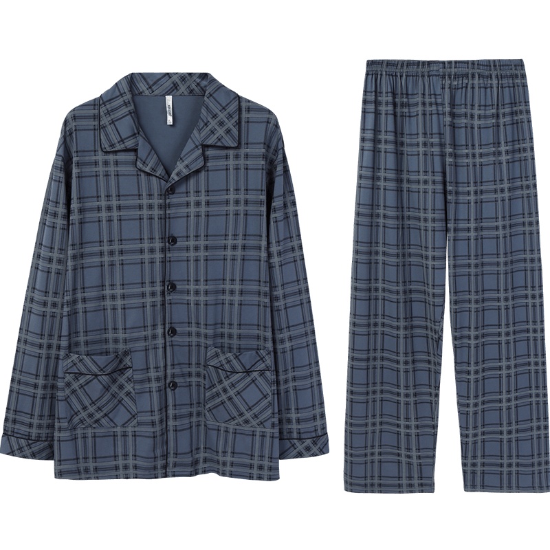 安之伴睡衣男春秋格子开衫套装棉质长袖可外穿休闲印格国民领家居服套装