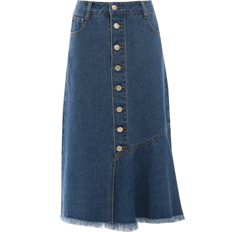 欧昵雪高腰不规则毛边牛仔半身裙女包臀一步鱼尾裙