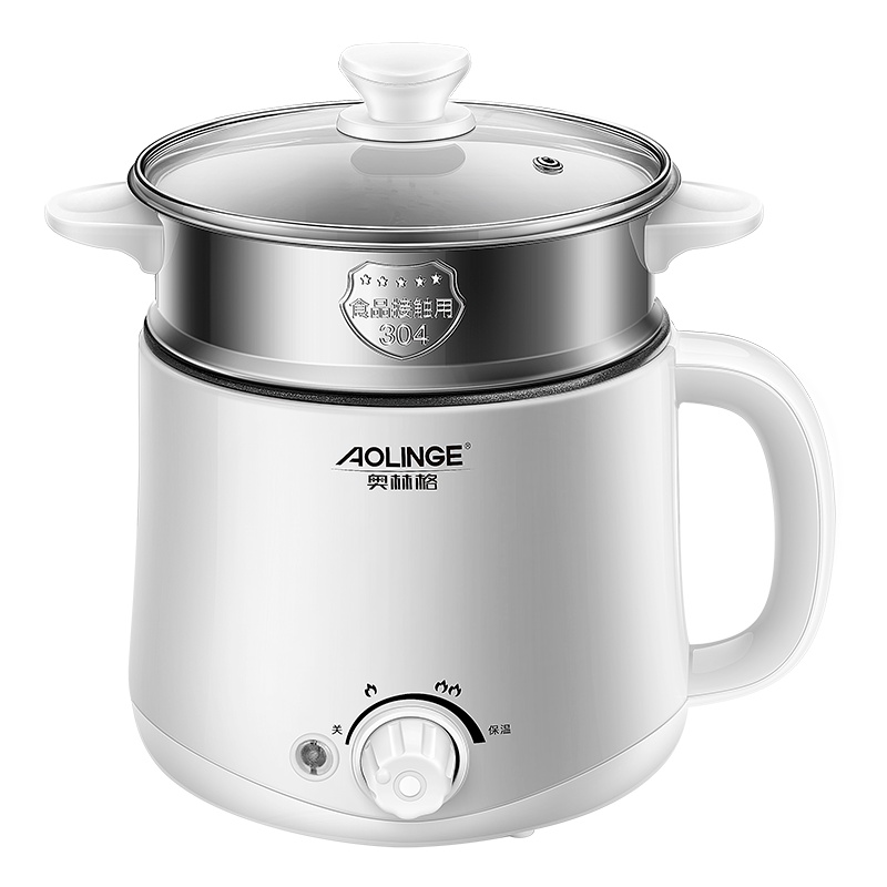 奥林格(AOLINGE) ALG-Q19 保温电煮锅学生锅宿舍家用小煮面1-2人迷你小功率不粘涂层内胆电火锅灰白色带蒸笼