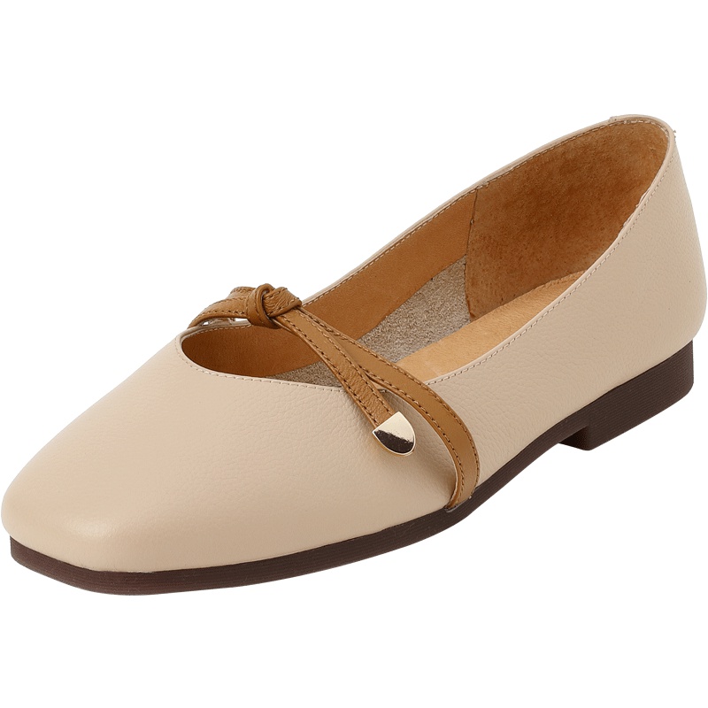 百田森方头平底玛丽珍鞋女浅口低跟时尚撞色金属条带女鞋