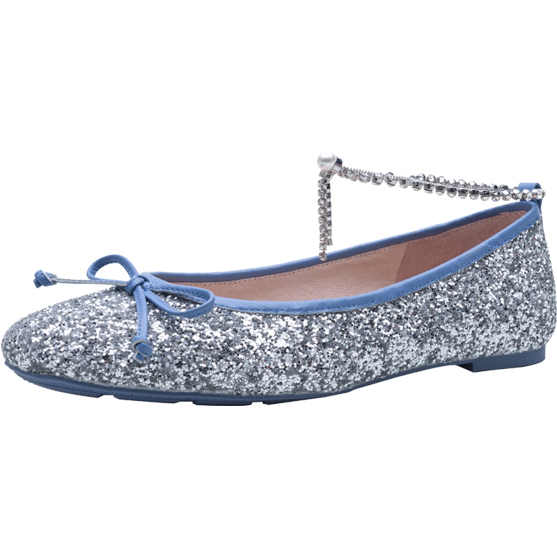 百田森2021春季新款闪点低跟女单鞋舒适方头蝴蝶结浅口鞋女船鞋