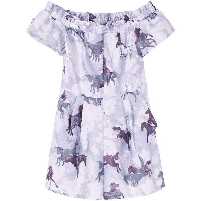 马克华菲女装2019夏新款一字肩木耳边印花收腰连裤连衣裙