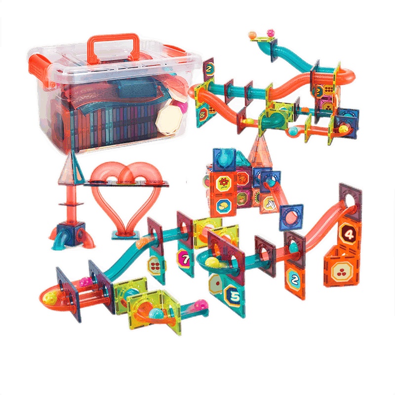 纽奇(Nukied)儿童益智拼装玩具吸铁石建构积木3-6岁男孩女孩滚珠轨道磁性积木74件套-25磁力片+6滚珠+43配件