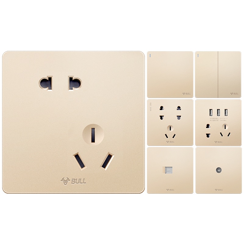 公牛开关插座86型暗装多孔五孔墙壁电源开关家用G12金色大面板电源插座