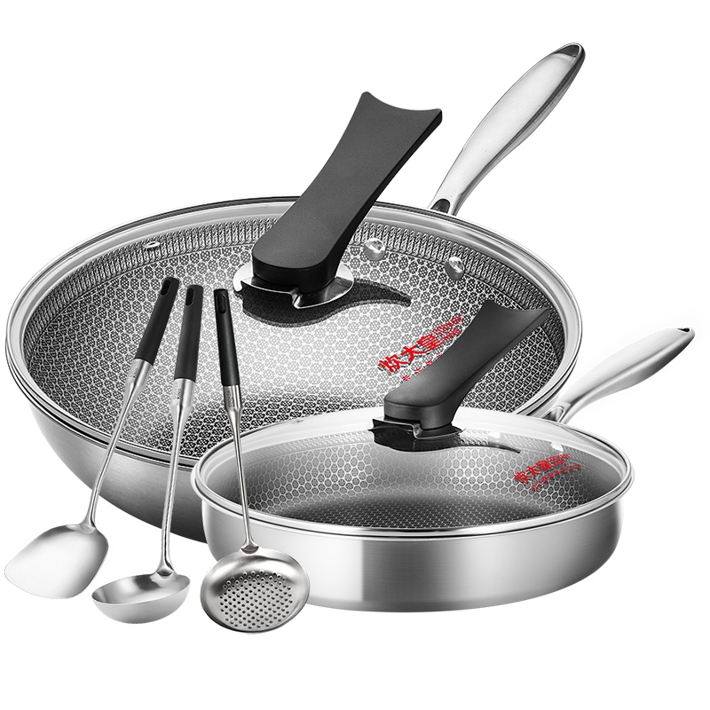 炊大皇304不锈钢套锅 全面屏蜂窝纹不粘 炒锅煎锅防烫铲勺家用组合TZ3226QM