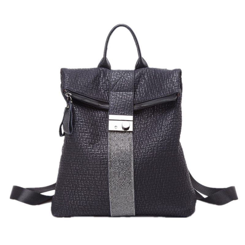 菱格三宅世家(MVO MVO LGSZSJ)女包2020新款欧美复古软面镶钻双肩包女式背包个性锁扣旅行包