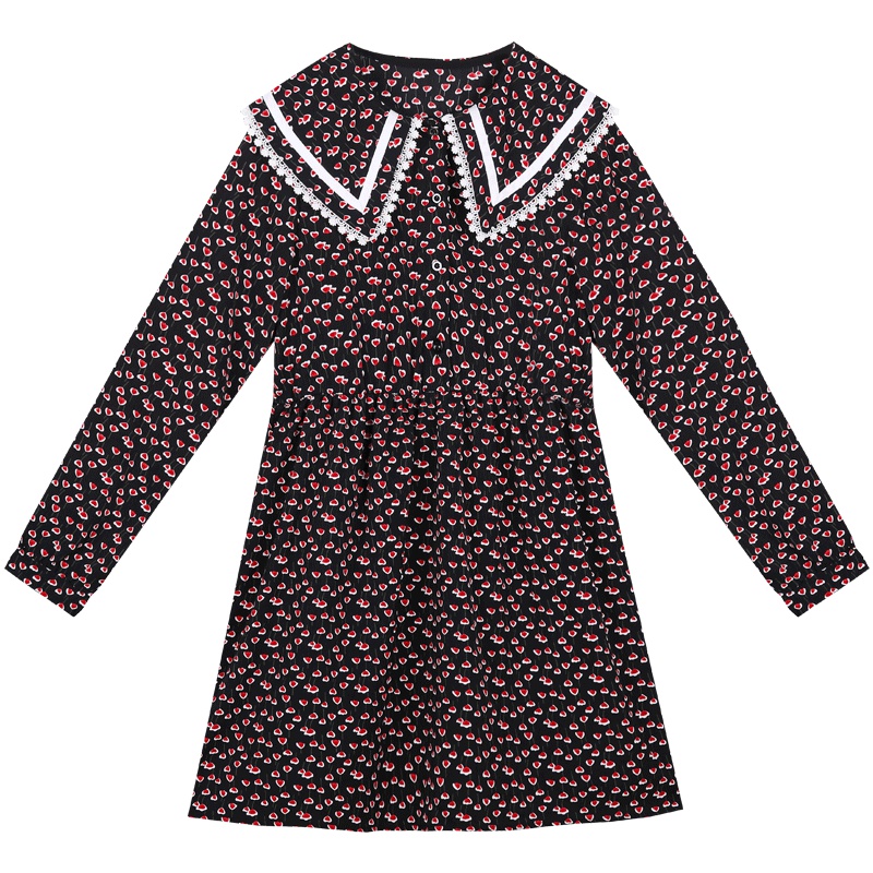 2019新款法式复古chic过膝裙娃娃领中长款碎花连衣裙女长袖egg裙