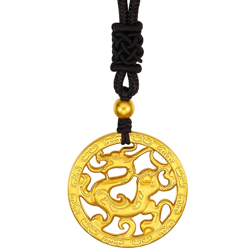 周大生黄金饰品古法吊坠新款足金挂坠男女款古法工艺飞龙在天造型手工编绳启福系列