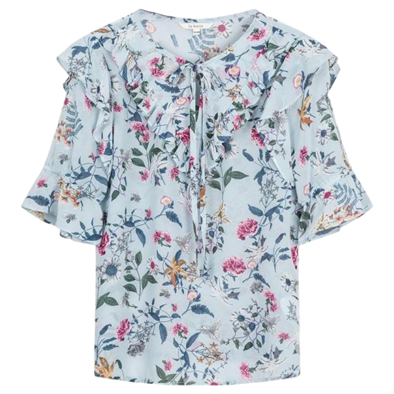 拉夏贝尔雪纺上衣女新款夏装碎花很仙的短袖衬衫洋气超仙性感宽松小衫_610 S 粉蓝